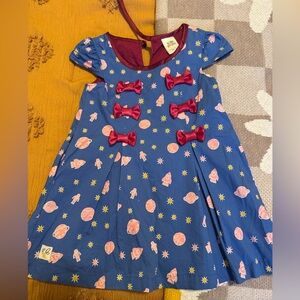 Wildflowers Blue Dress with Pink Space Print and Red Bows